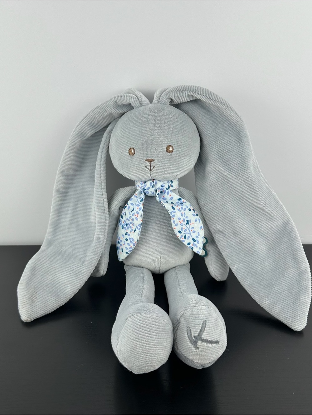 Kaloo France Lapinoo Bunny Rabbit 13" Gray Lapin Blue Floral Bow Long Ears Plush